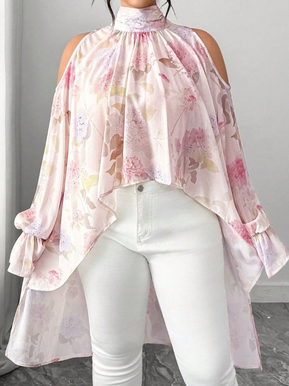 Pink Boho Women's Plus Size Semi-Sheer Chiffon Blouse with Lantern Sleeves - Picture 6 of 7